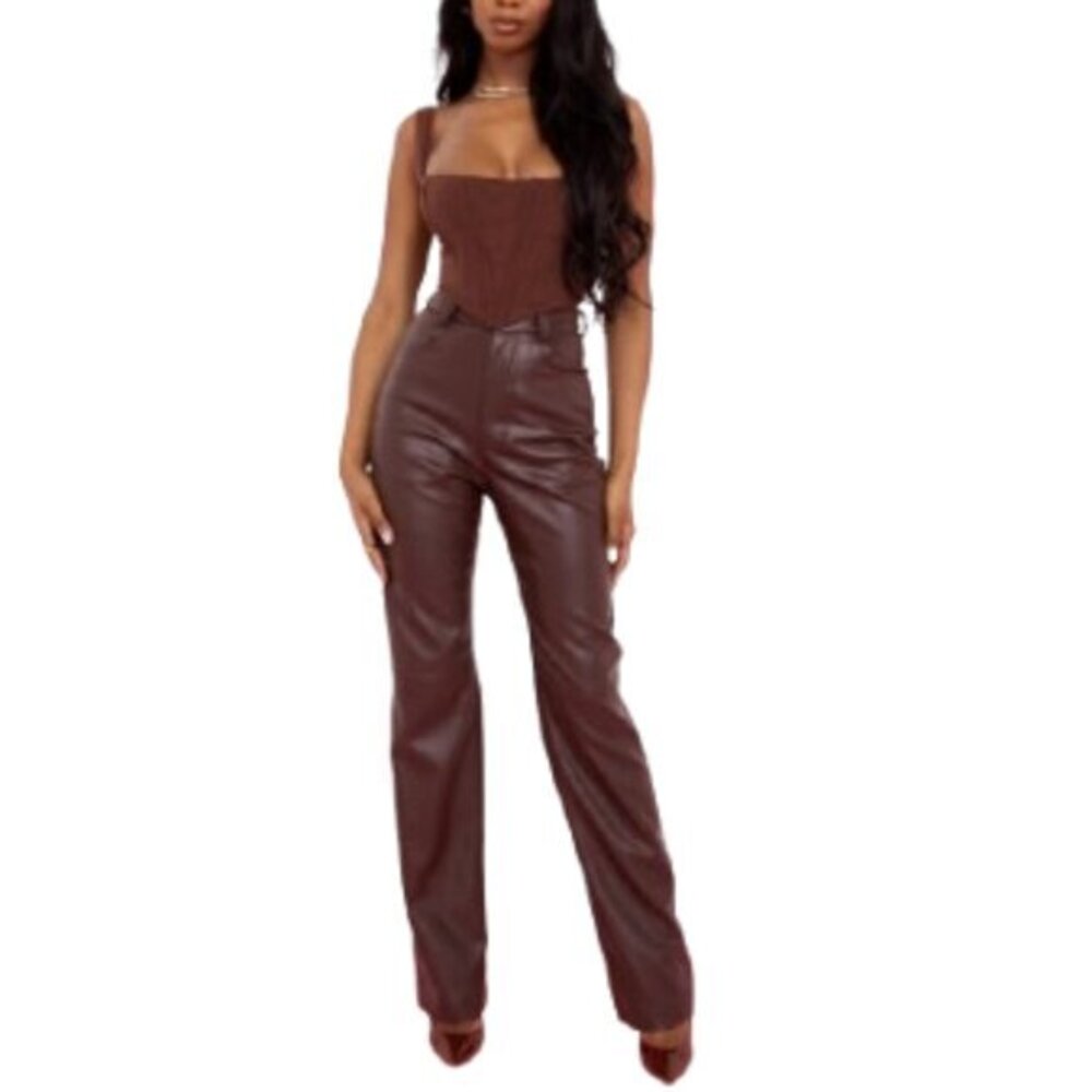 House of CB Women's Inaya Dark‎ Brown Stretch Vegan Leather Trousers Size Small